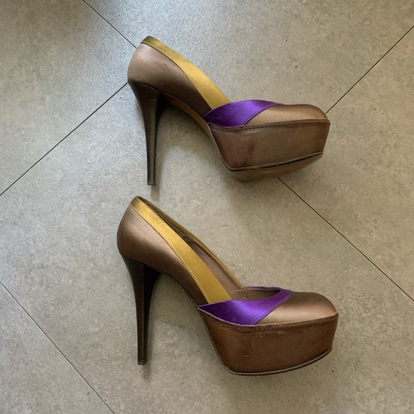 Marni Scarpa Shoes Heels Pumps Platform Satin Gold Purple Gray